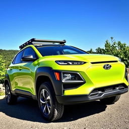 A vibrant lime green 2020 Hyundai Kona parked in a scenic outdoor location, showcasing its sporty design