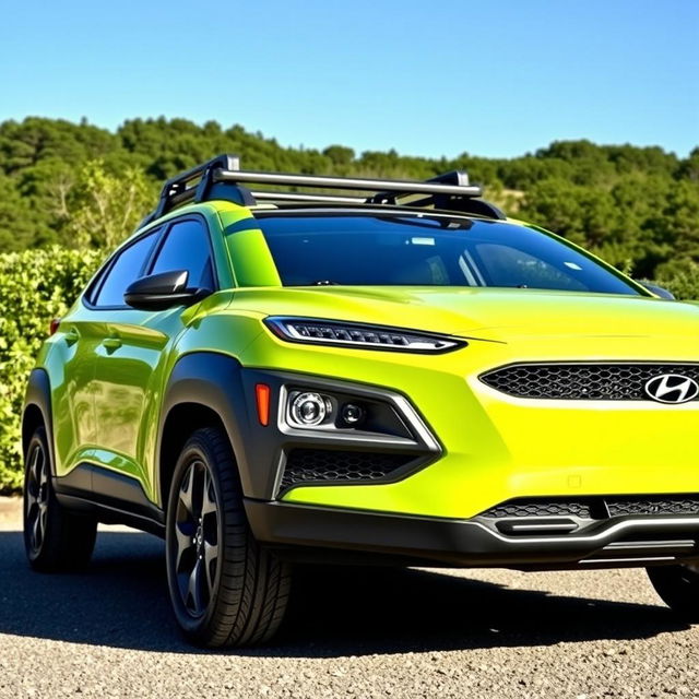A vibrant lime green 2020 Hyundai Kona parked in a scenic outdoor location, showcasing its sporty design