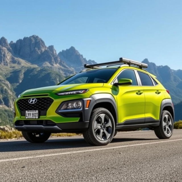 A lime green 2020 Hyundai Kona parked on a scenic mountain road, featuring a sleek and modern design