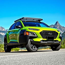 A lime green 2020 Hyundai Kona parked on a scenic mountain road, featuring a sleek and modern design