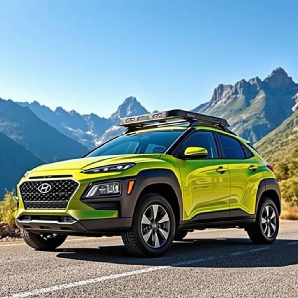 A lime green 2020 Hyundai Kona parked on a scenic mountain road, featuring a sleek and modern design