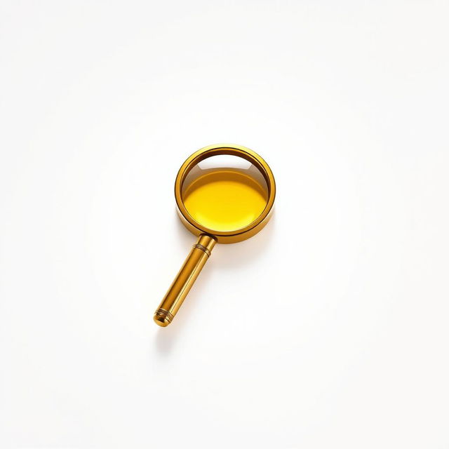 A pristine white screen featuring a stunning 3D golden magnifying glass positioned prominently in the center