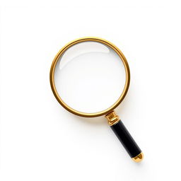 A pristine white screen featuring a stunning 3D golden magnifying glass positioned prominently in the center
