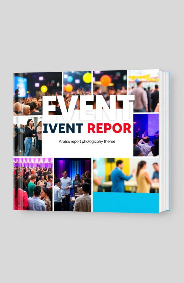 A visually striking book cover designed to showcase an event report photography theme, featuring a collage of various event scenes like a lively audience, a speaker at a podium, and vibrant decorations