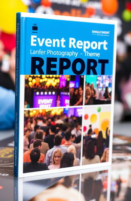 A visually striking book cover designed to showcase an event report photography theme, featuring a collage of various event scenes like a lively audience, a speaker at a podium, and vibrant decorations