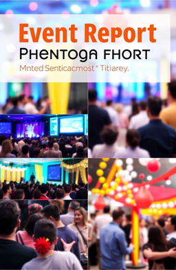 A visually striking book cover designed to showcase an event report photography theme, featuring a collage of various event scenes like a lively audience, a speaker at a podium, and vibrant decorations