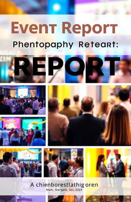 A visually striking book cover designed to showcase an event report photography theme, featuring a collage of various event scenes like a lively audience, a speaker at a podium, and vibrant decorations