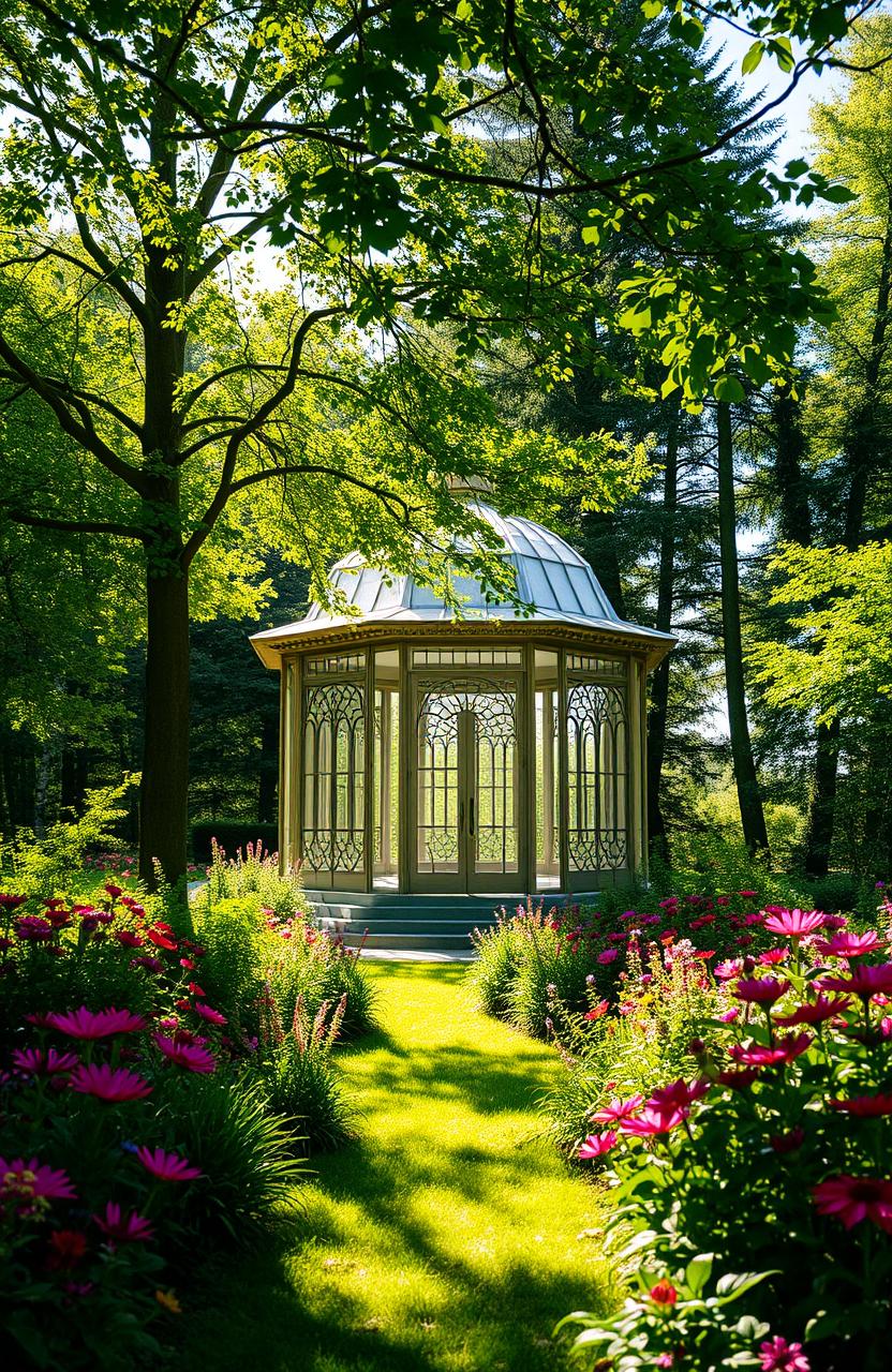 A stunning view of an elegant glass pavilion nestled in a lush green garden