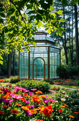 A stunning view of an elegant glass pavilion nestled in a lush green garden