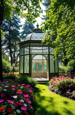 A stunning view of an elegant glass pavilion nestled in a lush green garden