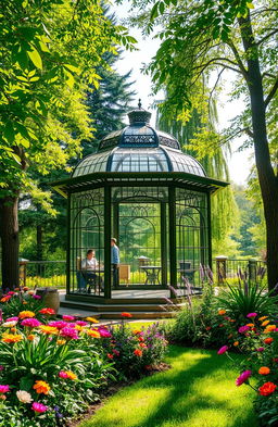 A stunning view of an elegant glass pavilion nestled in a lush green garden