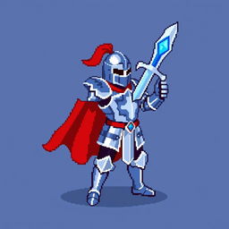 A pixel art representation of a noble knight in shining armor, standing heroically with a sword raised