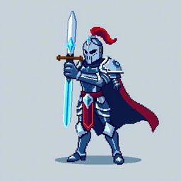 A pixel art representation of a noble knight in shining armor, standing heroically with a sword raised