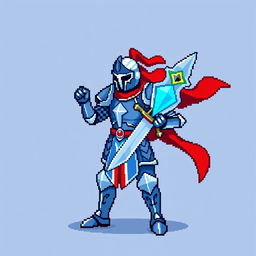A pixel art representation of a noble knight in shining armor, standing heroically with a sword raised