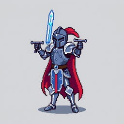 A pixel art representation of a noble knight in shining armor, standing heroically with a sword raised