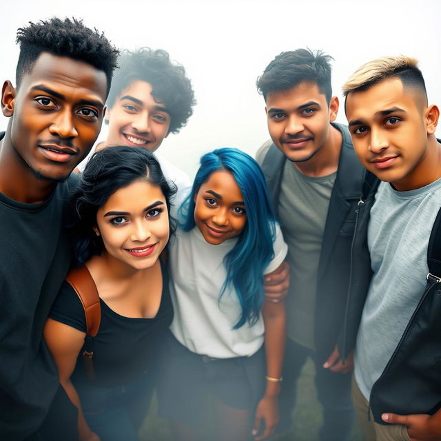 A group of five college students standing together in a foggy background, centered and facing the camera