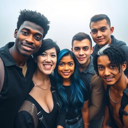 A group of five college students standing together in a foggy background, centered and facing the camera