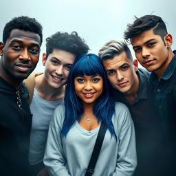 A group of five college students standing together in a foggy background, centered and facing the camera