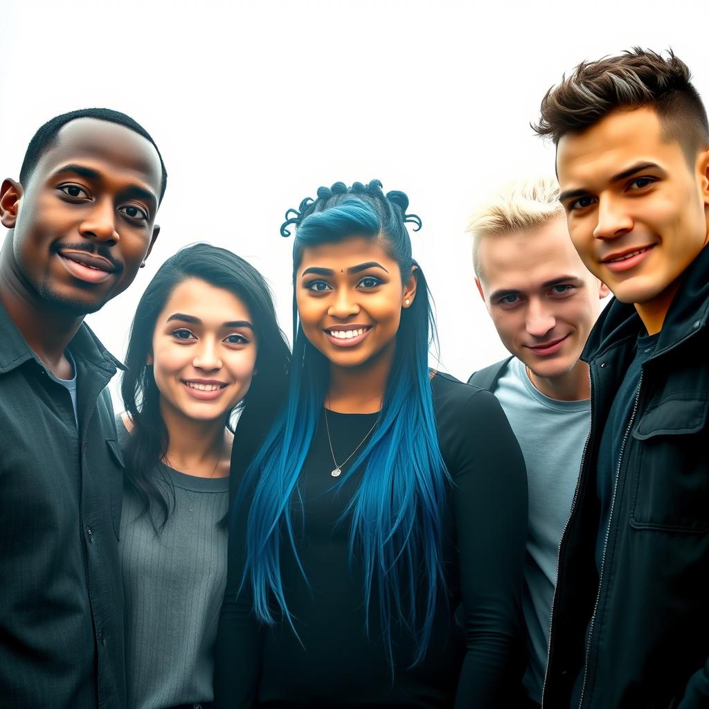 A group of five college students standing together in a foggy background, centered and facing the camera