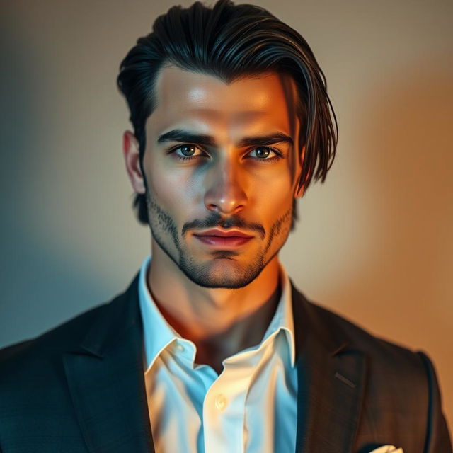 A stunningly handsome 6ft7 man with striking features: long dark hair styled in an undercut, captivating stormy grey eyes, and long lush lashes