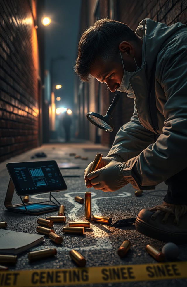 A detailed and dramatic scene illustrating forensic ballistics in a crime scene investigation