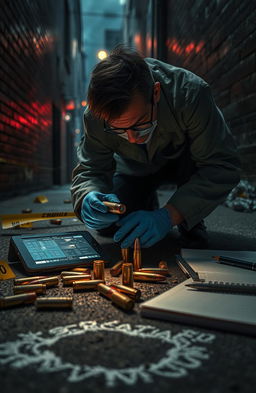 A detailed and dramatic scene illustrating forensic ballistics in a crime scene investigation