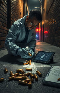 A detailed and dramatic scene illustrating forensic ballistics in a crime scene investigation