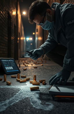 A detailed and dramatic scene illustrating forensic ballistics in a crime scene investigation