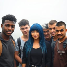 A group of five college students standing together, centered in a foggy background and facing the camera