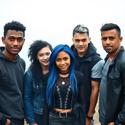 A group of five college students standing together, centered in a foggy background and facing the camera