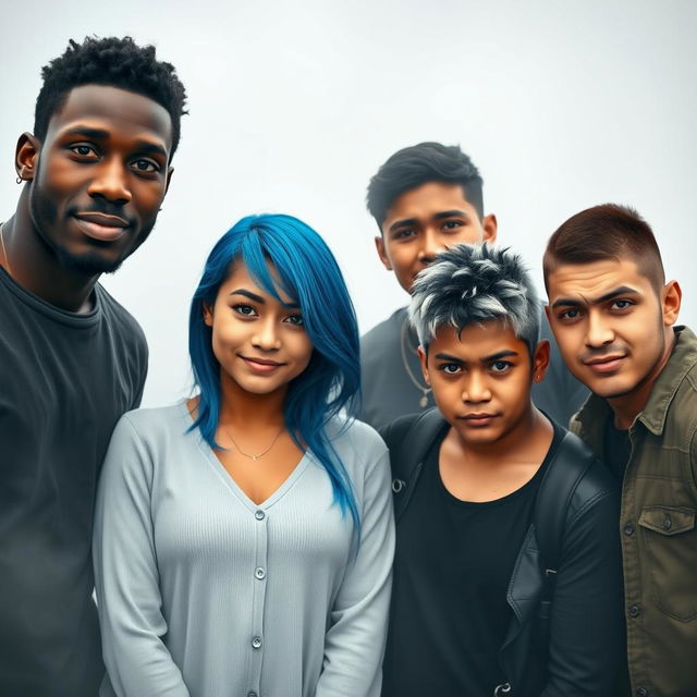 A group of five college students standing together, centered in a foggy background and facing the camera