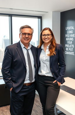 A confident CEO and his favorite employee standing together in a modern office environment