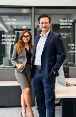A confident CEO and his favorite employee standing together in a modern office environment