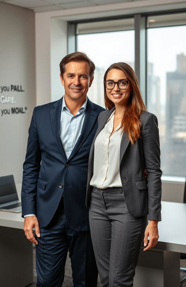 A confident CEO and his favorite employee standing together in a modern office environment