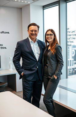 A confident CEO and his favorite employee standing together in a modern office environment