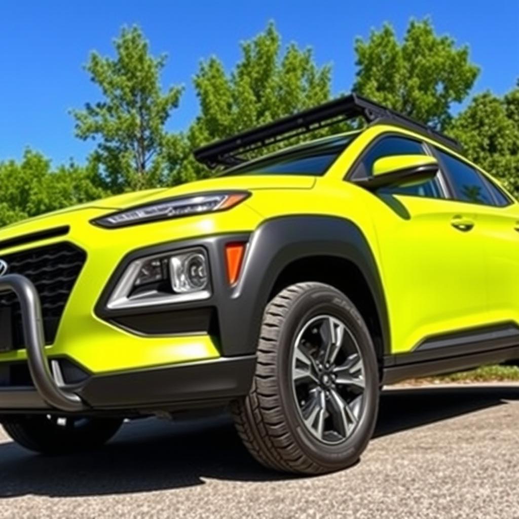 A vibrant lime green 2020 Hyundai Kona, featuring a stylish roof rack, black fender flares enhancing its rugged look, a sturdy bumper guard for added protection, and equipped with aggressive off-road tires, parked in an outdoor setting surrounded by lush greenery under a bright blue sky