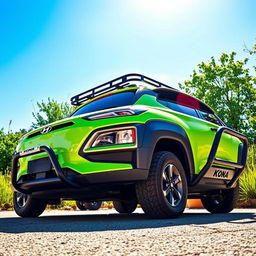 A vibrant lime green 2020 Hyundai Kona, featuring a stylish roof rack, black fender flares enhancing its rugged look, a sturdy bumper guard for added protection, and equipped with aggressive off-road tires, parked in an outdoor setting surrounded by lush greenery under a bright blue sky