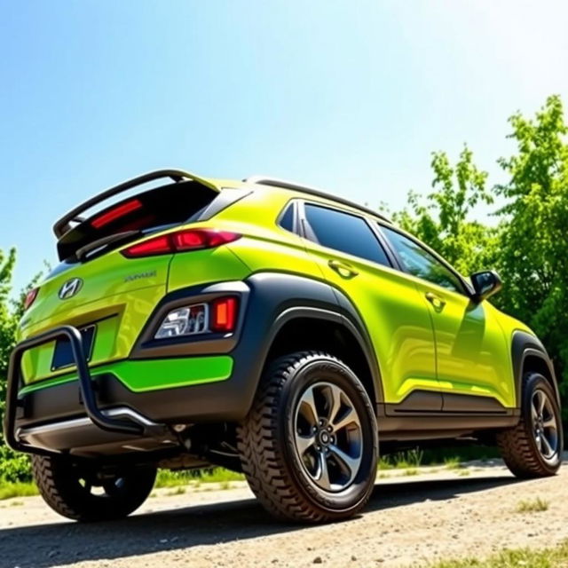 A vibrant lime green 2020 Hyundai Kona, featuring a stylish roof rack, black fender flares enhancing its rugged look, a sturdy bumper guard for added protection, and equipped with aggressive off-road tires, parked in an outdoor setting surrounded by lush greenery under a bright blue sky