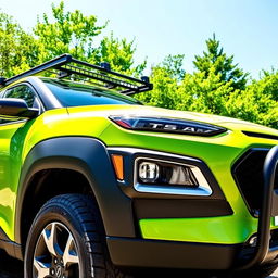 A vibrant lime green 2020 Hyundai Kona, featuring a stylish roof rack, black fender flares enhancing its rugged look, a sturdy bumper guard for added protection, and equipped with aggressive off-road tires, parked in an outdoor setting surrounded by lush greenery under a bright blue sky