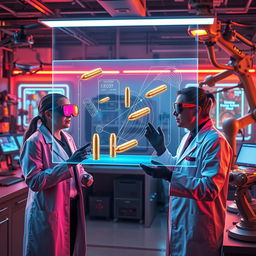 An imaginative and unique take on forensic ballistics, depicting a futuristic crime lab environment where advanced technology is used in ballistics analysis