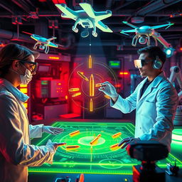 An imaginative and unique take on forensic ballistics, depicting a futuristic crime lab environment where advanced technology is used in ballistics analysis