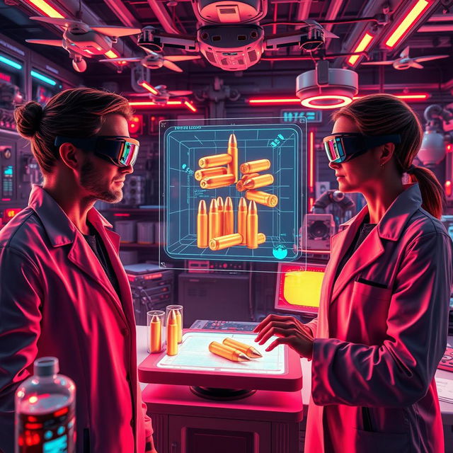 An imaginative and unique take on forensic ballistics, depicting a futuristic crime lab environment where advanced technology is used in ballistics analysis