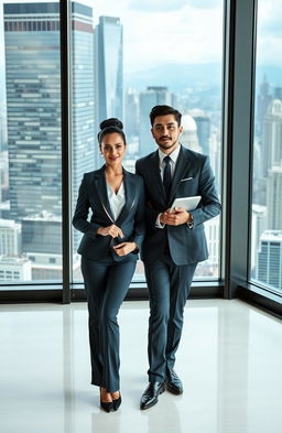 A sophisticated and powerful CEO couple standing confidently together in a modern office environment