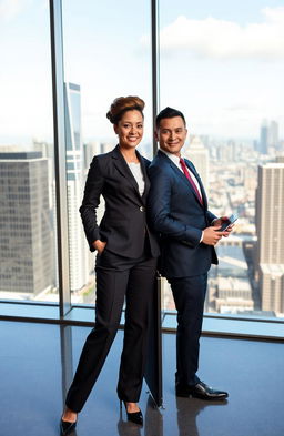 A sophisticated and powerful CEO couple standing confidently together in a modern office environment