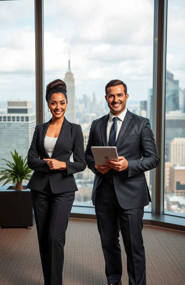 A sophisticated and powerful CEO couple standing confidently together in a modern office environment