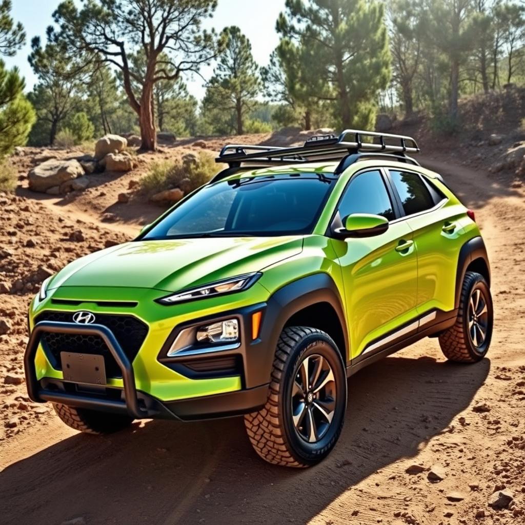 A dynamic offroad scene featuring a vibrant lime green 2020 Hyundai Kona equipped with a sturdy roof rack