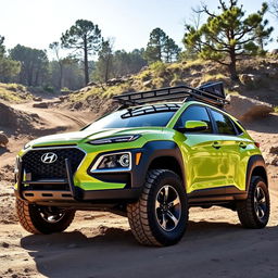 A dynamic offroad scene featuring a vibrant lime green 2020 Hyundai Kona equipped with a sturdy roof rack