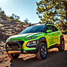 A dynamic offroad scene featuring a vibrant lime green 2020 Hyundai Kona equipped with a sturdy roof rack