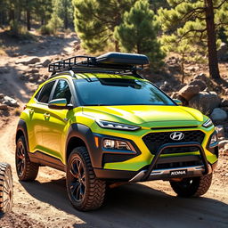 A dynamic offroad scene featuring a vibrant lime green 2020 Hyundai Kona equipped with a sturdy roof rack