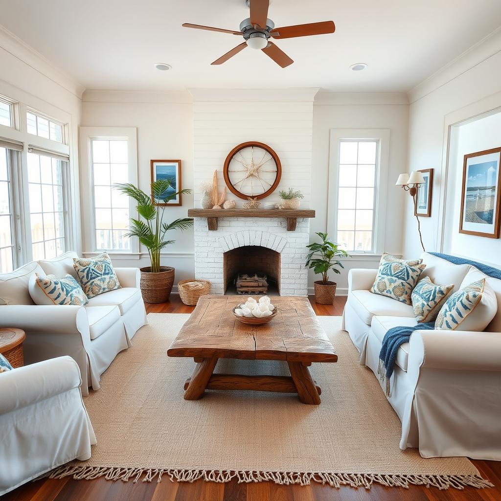 A cozy living room designed in a beach style, featuring large windows allowing ample natural light, soft pastel-colored walls, and woven surf-themed decor